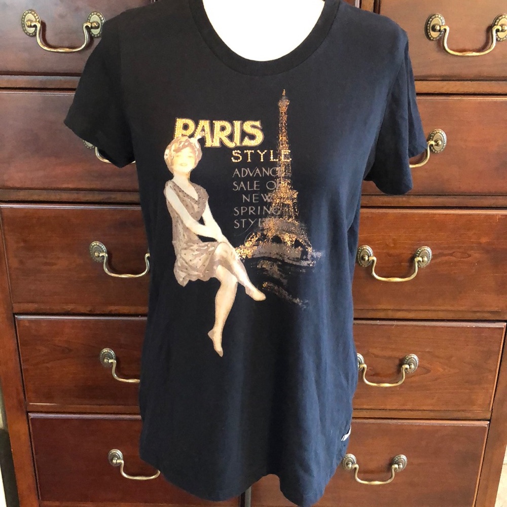 Black Paris bling t-shirt Sz XLg. Copper Eiffel Tower & silver rhinestones